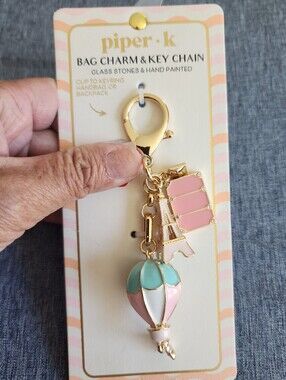 Piper K Pastel Pink & Teal Hot Air Balloon Key Chain Charms Gold  New